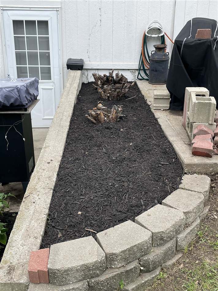 Fresh black mulch bed with stone border and clean finish